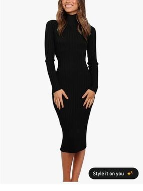 Amazon Black Ribbed Turtleneck Midi Dress